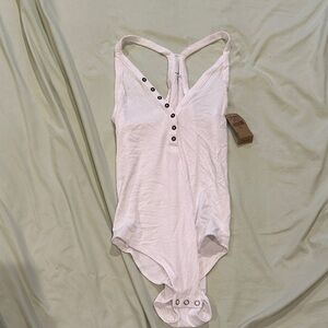 American Eagle Outfitters White Ribbed Button-Front Bodysuit